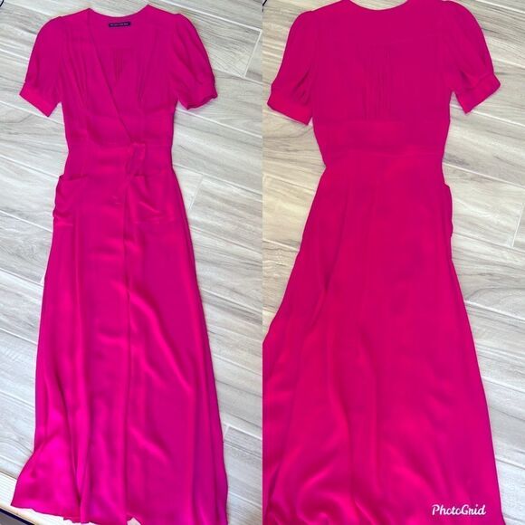 Balenciaga Silk Vintage Hot Pink Maxi Dress with Short Sleeves and Pockets 38 - Picture 3 of 12